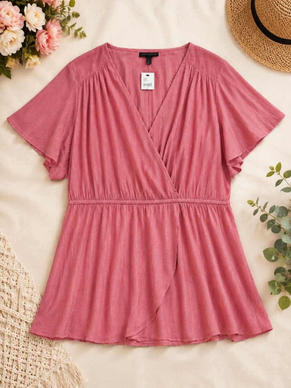 Lane Bryant Blouse 24 Pink Metallic Faux Wrap Top Flutter Sleeve V Neck, NWT